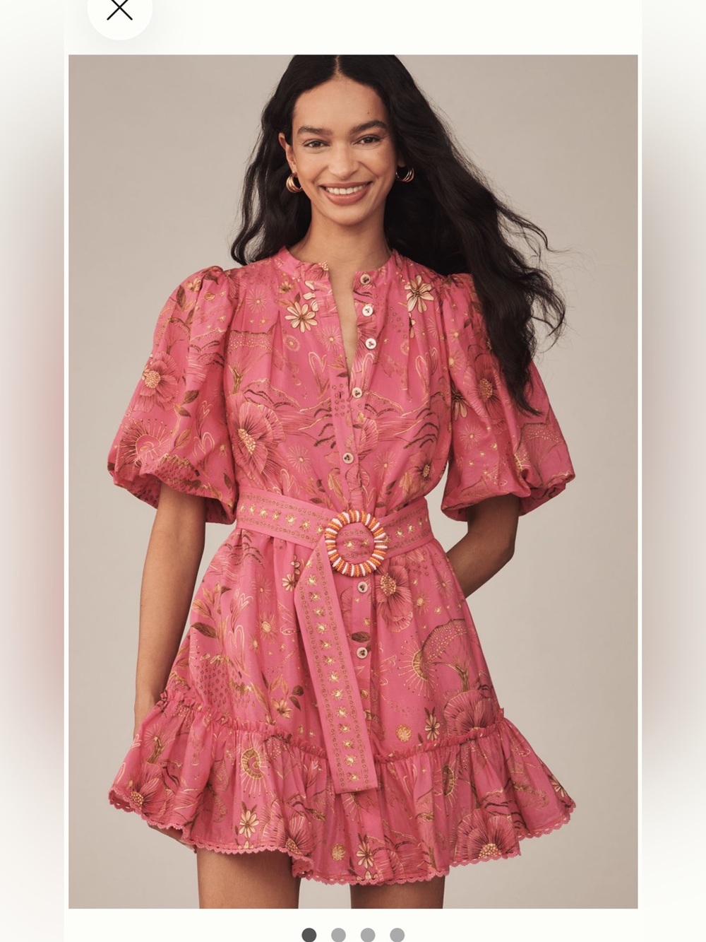 Farm Rio Anthropologie Pink Floral Belted Puff-Sleeve Mini Dress.